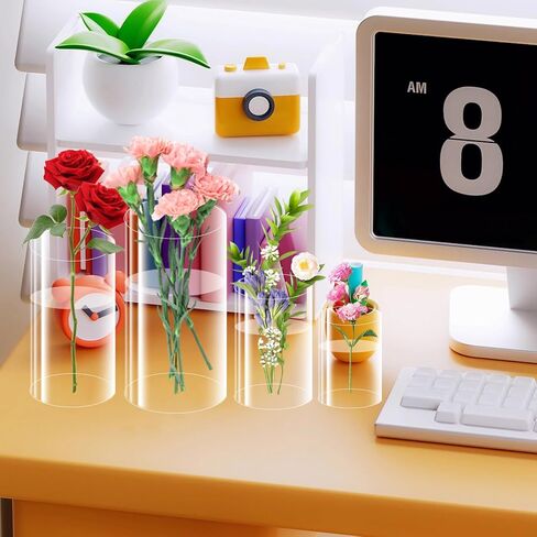 12 Pack Plastic Cylinder Vases, 4 6 8 10 Inch Tall Acrylic Cylinder Clear Flower Vase Set Bulk Glass Like Large Round Plastic Vases for Centerpiece Wedding Home Office (12) in Saudi Arabia