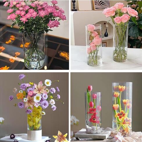 12 Pack Plastic Cylinder Vases, 4 6 8 10 Inch Tall Acrylic Cylinder Clear Flower Vase Set Bulk Glass Like Large Round Plastic Vases for Centerpiece Wedding Home Office (12) in Saudi Arabia
