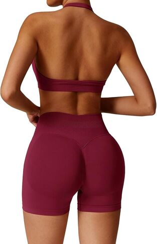Workout Sets for Women 2 Piece seamless Halter Sports Bra Scrunch Butt Hidden Shorts Gym Yoga Outfits in Saudi Arabia