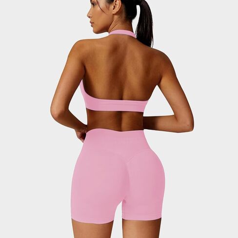 Workout Sets for Women 2 Piece seamless Halter Sports Bra Scrunch Butt Hidden Shorts Gym Yoga Outfits in Saudi Arabia