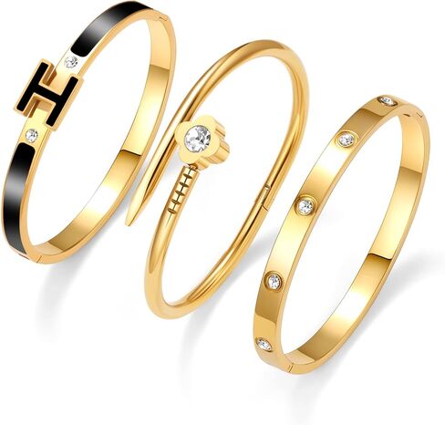 3Pcs Gold Bracelets for Women 14K Gold Plated Love/H/Nail Bangle Bracelet Dainty Non Tarnish Bracelet Jewelry Christmas Mothers Day Gifts for Women in Saudi Arabia