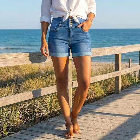 High Waisted Stretchy Distressed Denim Shorts for Women Rolled Hem Jean Shorts in Saudi Arabia