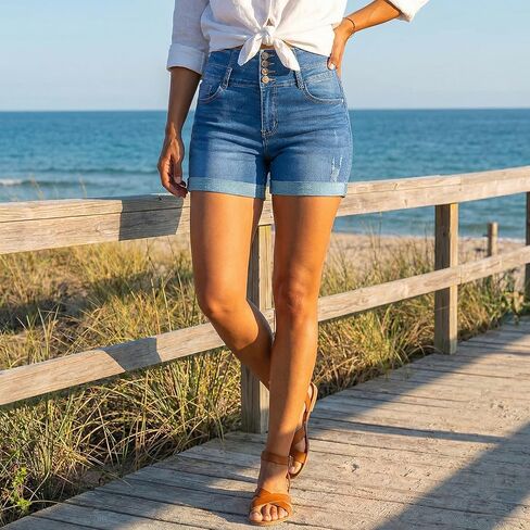 High Waisted Stretchy Distressed Denim Shorts for Women Rolled Hem Jean Shorts in Saudi Arabia