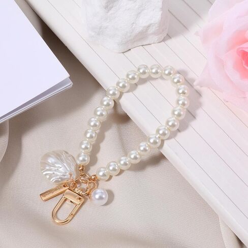 Pearl Keyring Lanyard Women's Imitation Pearl Chain Key Chain Pearl Keychain Wristlet Pearls Shell Bag Purse Charms Backpack Key Pendant Accessories Keys Chains Women Cute（1Pcs） in Saudi Arabia