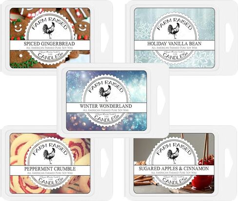 Farm Raised Candles – Christmas Wonderland 16 oz Total (3 oz Each) 5-Pack Soy Wax Melts | Spiced Gingerbread, Holiday Vanilla Bean, Peppermint Crumble, Sugared Apples | 100% USA Made in Kuwait