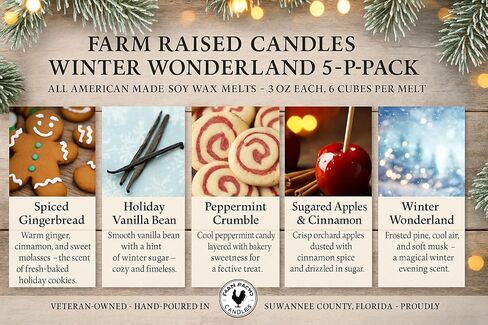 Farm Raised Candles – Christmas Wonderland 16 oz Total (3 oz Each) 5-Pack Soy Wax Melts | Spiced Gingerbread, Holiday Vanilla Bean, Peppermint Crumble, Sugared Apples | 100% USA Made in Kuwait