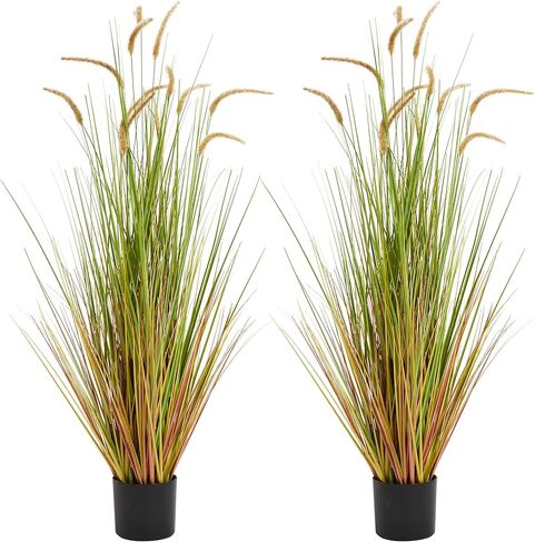 KOL Artificial 5ft 2-Pack Horsetail Reed Grass, 59in Tall Artificial Indoor Outdoor Fake Grass Plant, Home Office Décor Artificial Plants in Pot Faux Plant Greenery, Wedding Decor - Yellow in Kuwait