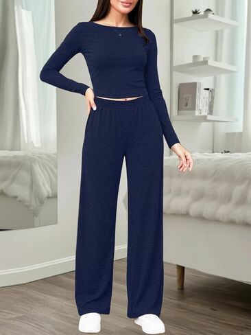 Women's Pajama Set, Two-Piece Lounge Set with Ruched Waist Detail and Elastic Waist Pants, Relaxed Fit Casual Homewear in Saudi Arabia
