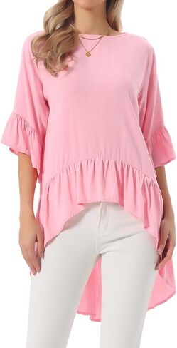 Seta T Women's High Low Tops Bell 3/4 Sleeve Crewneck Casual Ruffle Asymmetrical Hem Loose Fit Blouse in Saudi Arabia