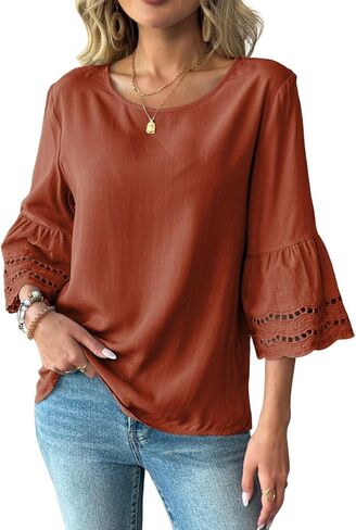 Dokotoo المرأة 3/4 كم الجرس الجوف خارج الكشكشة القمصان Crewneck العصرية عارضة فضفاضة تناسب بلوزة قمم in Saudi Arabia