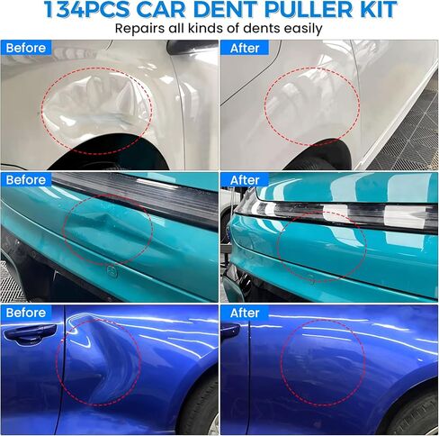 طقم أدوات سحب انبعاجات السيارة مكون من 134 قطعة، مجموعة أدوات إزالة انبعاجات السيارة بدون طلاء مع مطرقة منزلقة 3 في 1 على شكل حرف T وساحب جسر ورافع ذهبي، طقم إصلاح دنت السيارة لإصلاح الانبعاجات الكبيرة والصغيرة بسرعة in Kuwait