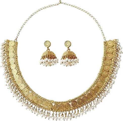 NewZenro Indian Jhumka Jewelry Sets Gold-tone Imitation Pearl Beaded Tassel Layered Necklace Dangle Drop Earrings for Women Vintage Traditional Fashion Antique Bollywood Jewelry for Wedding Party in Saudi Arabia
