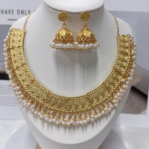 NewZenro Indian Jhumka Jewelry Sets Gold-tone Imitation Pearl Beaded Tassel Layered Necklace Dangle Drop Earrings for Women Vintage Traditional Fashion Antique Bollywood Jewelry for Wedding Party in Saudi Arabia