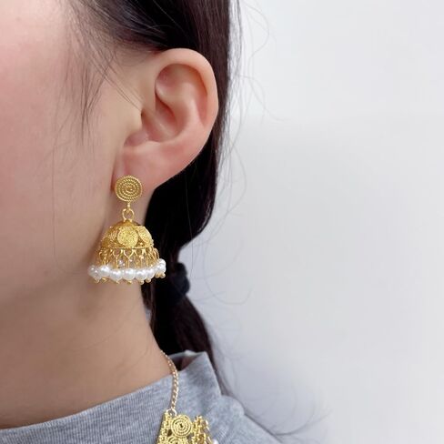 NewZenro Indian Jhumka Jewelry Sets Gold-tone Imitation Pearl Beaded Tassel Layered Necklace Dangle Drop Earrings for Women Vintage Traditional Fashion Antique Bollywood Jewelry for Wedding Party in Saudi Arabia