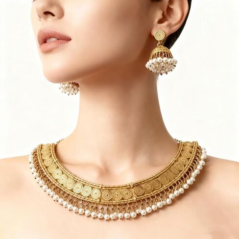 NewZenro Indian Jhumka Jewelry Sets Gold-tone Imitation Pearl Beaded Tassel Layered Necklace Dangle Drop Earrings for Women Vintage Traditional Fashion Antique Bollywood Jewelry for Wedding Party in Saudi Arabia