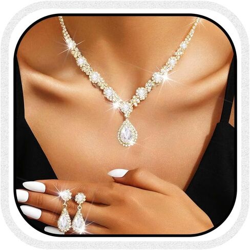 Yean Wedding Jewelry Sets Silver Rhinestone Necklace and Earrings Crystal Prom Jewelry Necklace for Women in Kuwait