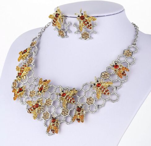 BEE Bumblebee Austrian Rhinestone Statement Necklace Earrings Set Golden N888g … (Golden) in Kuwait