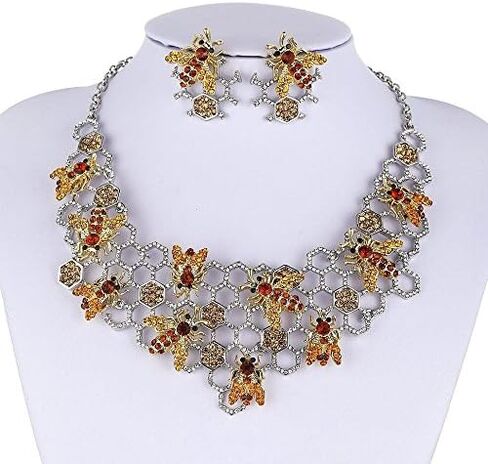 BEE Bumblebee Austrian Rhinestone Statement Necklace Earrings Set Golden N888g … (Golden) in Kuwait