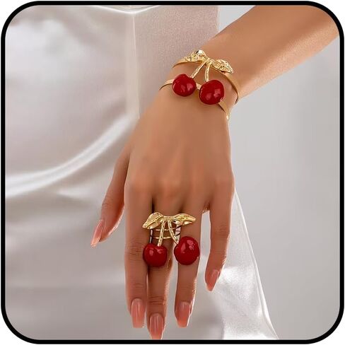 Cherry Charm Bracelet and Ring Set for Women, Gold Tone Adjustable Cuff Bangle Statement Cherry Rings Cute Fruit Jewelry Set Trendy Gift for Birthday Valentine’s Day in Kuwait