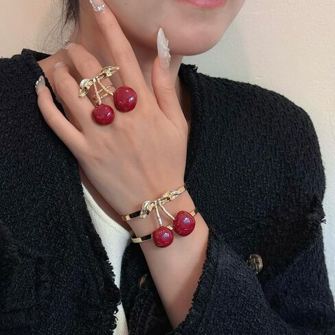 Cherry Charm Bracelet and Ring Set for Women, Gold Tone Adjustable Cuff Bangle Statement Cherry Rings Cute Fruit Jewelry Set Trendy Gift for Birthday Valentine’s Day in Kuwait