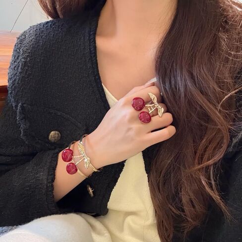 Cherry Charm Bracelet and Ring Set for Women, Gold Tone Adjustable Cuff Bangle Statement Cherry Rings Cute Fruit Jewelry Set Trendy Gift for Birthday Valentine’s Day in Kuwait