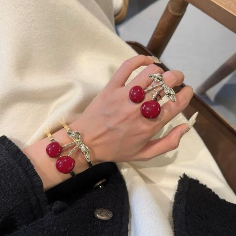 Cherry Charm Bracelet and Ring Set for Women, Gold Tone Adjustable Cuff Bangle Statement Cherry Rings Cute Fruit Jewelry Set Trendy Gift for Birthday Valentine’s Day in Kuwait