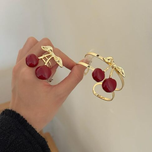 Cherry Charm Bracelet and Ring Set for Women, Gold Tone Adjustable Cuff Bangle Statement Cherry Rings Cute Fruit Jewelry Set Trendy Gift for Birthday Valentine’s Day in Kuwait