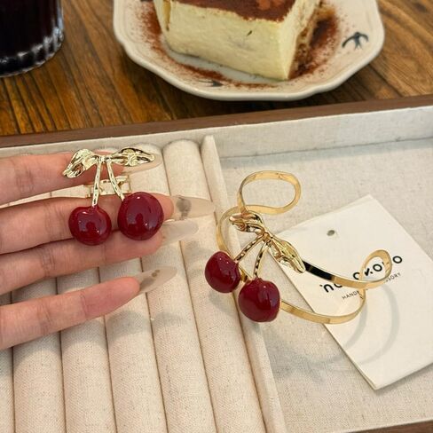 Cherry Charm Bracelet and Ring Set for Women, Gold Tone Adjustable Cuff Bangle Statement Cherry Rings Cute Fruit Jewelry Set Trendy Gift for Birthday Valentine’s Day in Kuwait