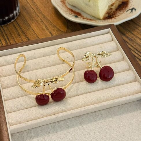 Cherry Charm Bracelet and Ring Set for Women, Gold Tone Adjustable Cuff Bangle Statement Cherry Rings Cute Fruit Jewelry Set Trendy Gift for Birthday Valentine’s Day in Kuwait