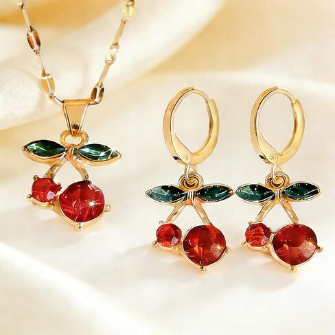 Red Cherry Stud Earrings and Pendant Necklace Set for Women, Green Leaf Ruby Cute Dainty Fruit Jewelry, Gold Plated Summer Tropical Accessories Gift in Saudi Arabia