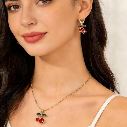Red Cherry Stud Earrings and Pendant Necklace Set for Women, Green Leaf Ruby Cute Dainty Fruit Jewelry, Gold Plated Summer Tropical Accessories Gift in Saudi Arabia