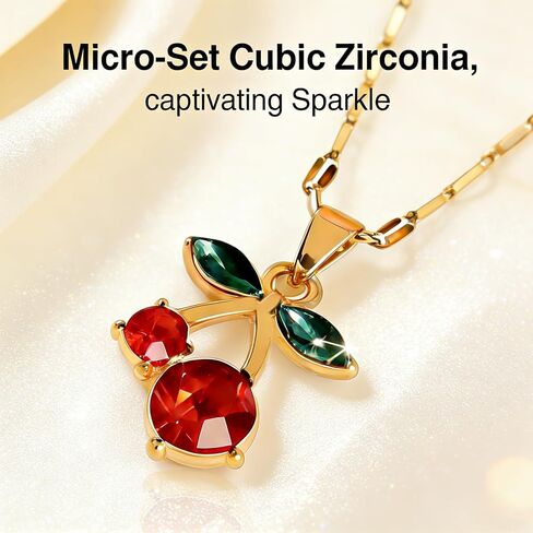 Red Cherry Stud Earrings and Pendant Necklace Set for Women, Green Leaf Ruby Cute Dainty Fruit Jewelry, Gold Plated Summer Tropical Accessories Gift in Saudi Arabia