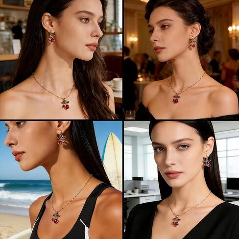 Red Cherry Stud Earrings and Pendant Necklace Set for Women, Green Leaf Ruby Cute Dainty Fruit Jewelry, Gold Plated Summer Tropical Accessories Gift in Saudi Arabia