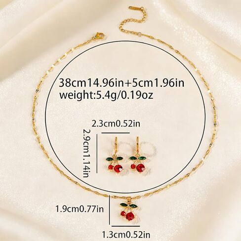Red Cherry Stud Earrings and Pendant Necklace Set for Women, Green Leaf Ruby Cute Dainty Fruit Jewelry, Gold Plated Summer Tropical Accessories Gift in Saudi Arabia
