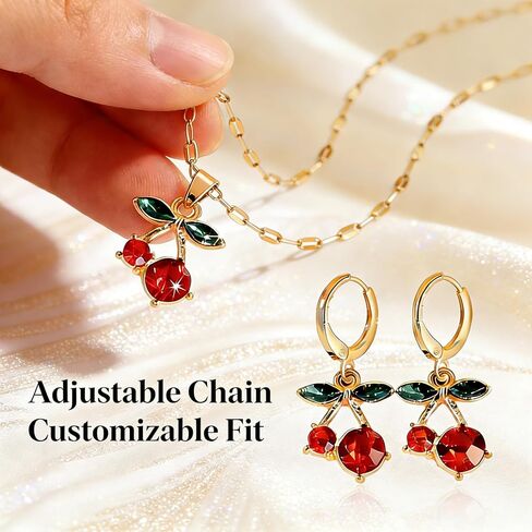 Red Cherry Stud Earrings and Pendant Necklace Set for Women, Green Leaf Ruby Cute Dainty Fruit Jewelry, Gold Plated Summer Tropical Accessories Gift in Saudi Arabia