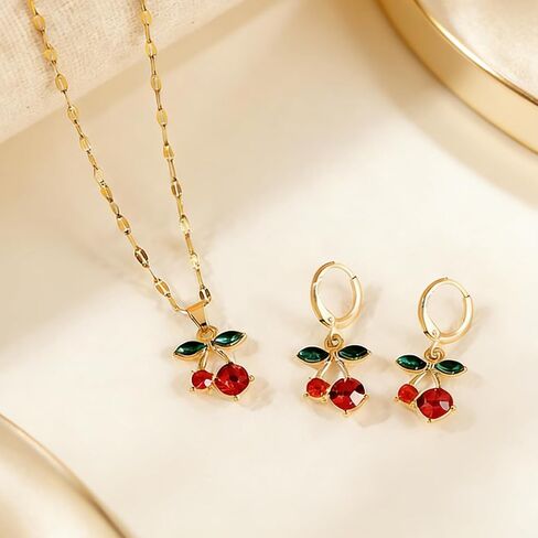Red Cherry Stud Earrings and Pendant Necklace Set for Women, Green Leaf Ruby Cute Dainty Fruit Jewelry, Gold Plated Summer Tropical Accessories Gift in Saudi Arabia