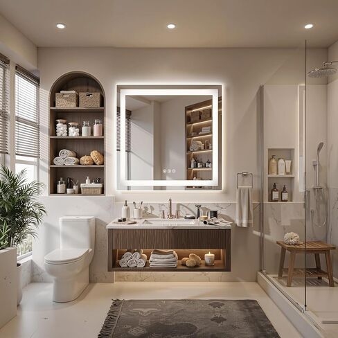 مرآة حمام LED مقاس 36 × 36 مع أضواء، مضادة للضباب، قابلة للتعتيم - مرآة حمام مضاءة مع إضاءة أمامية وخلفية، 3 درجات حرارة ألوان، وظيفة الذاكرة، زجاج مقسى (أفقي/عمودي) in Saudi Arabia