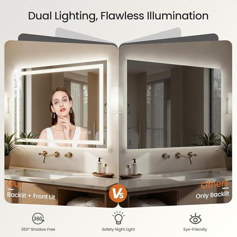 مرآة حمام LED مقاس 36 × 36 مع أضواء، مضادة للضباب، قابلة للتعتيم - مرآة حمام مضاءة مع إضاءة أمامية وخلفية، 3 درجات حرارة ألوان، وظيفة الذاكرة، زجاج مقسى (أفقي/عمودي) in Saudi Arabia