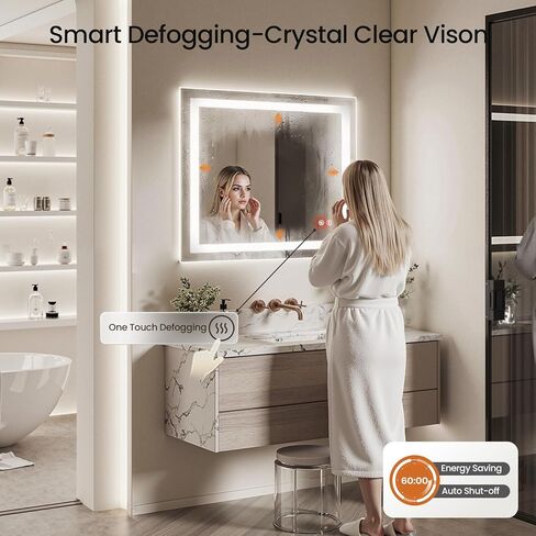 مرآة حمام LED مقاس 36 × 36 مع أضواء، مضادة للضباب، قابلة للتعتيم - مرآة حمام مضاءة مع إضاءة أمامية وخلفية، 3 درجات حرارة ألوان، وظيفة الذاكرة، زجاج مقسى (أفقي/عمودي) in Saudi Arabia