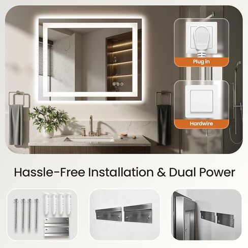 مرآة حمام LED مقاس 36 × 36 مع أضواء، مضادة للضباب، قابلة للتعتيم - مرآة حمام مضاءة مع إضاءة أمامية وخلفية، 3 درجات حرارة ألوان، وظيفة الذاكرة، زجاج مقسى (أفقي/عمودي) in Saudi Arabia
