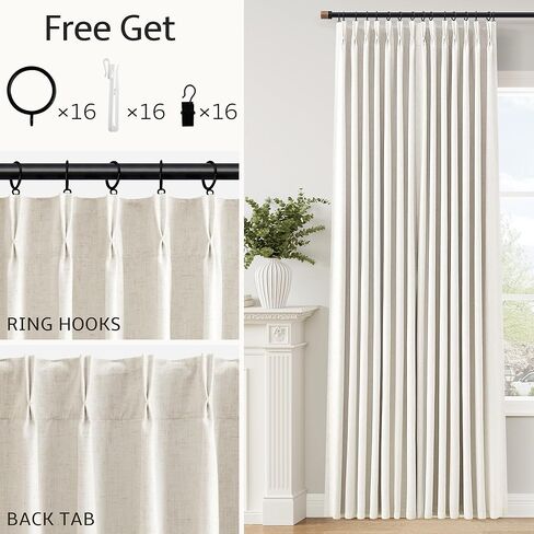 كتان مطوي طبيعي 100% ستائر تعتيم بطول 84 بوصة 2 لوح لغرفة النوم وغرفة المعيشة ستائر كريمية معزولة حراريًا بوهو محايدة بعلامة تبويب خلفية قرصة ستارة نافذة مبطنة بطيات 7 أقدام in Kuwait