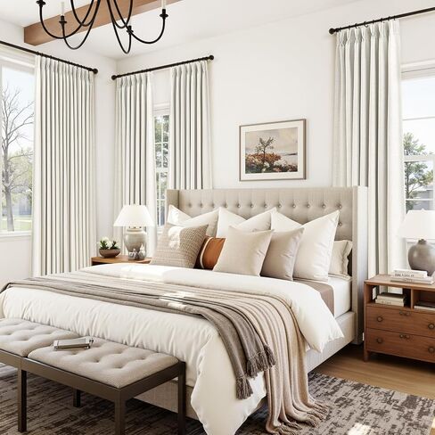 كتان مطوي طبيعي 100% ستائر تعتيم بطول 84 بوصة 2 لوح لغرفة النوم وغرفة المعيشة ستائر كريمية معزولة حراريًا بوهو محايدة بعلامة تبويب خلفية قرصة ستارة نافذة مبطنة بطيات 7 أقدام in Kuwait