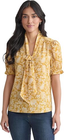 Jones New York Women's Short Puff Sleeve Tie-Neck Printed Top in Saudi Arabia