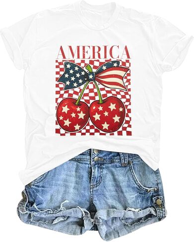 Women Patriotic 4th of July T Shirt America Flag Cherry Bow Shirt Cute USA Tees Independence Day Tops in Kuwait