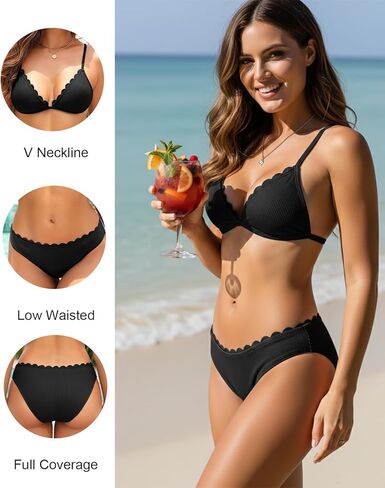 Aqua Eve Women Ribbed Bikini Set - Triangle Two Piece Swimsuit Scalloped Bikini 2025 Low Rise Bathing Suit in Saudi Arabia
