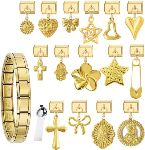 سوار ذهبي على شكل زهرة كروس إيطالية للنساء، مصنوع يدويًا مع سوار للمبتدئين، سحر متنوع وأدوات فتح، مجوهرات وصلات سوار إيطالي معيارية 9 مم in Kuwait