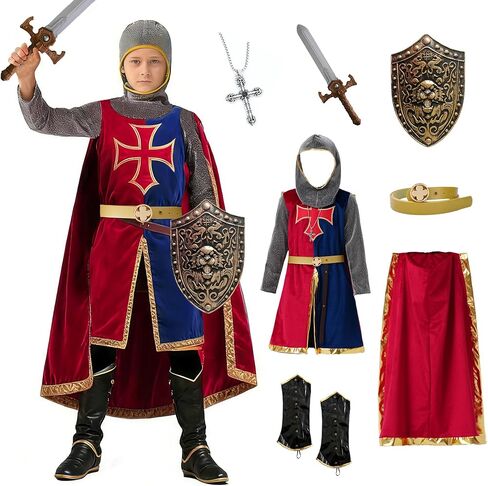 8 Pcs Medieval Kids Knight Costume for Boys and Girls with Cape Shield Sword in Kuwait
