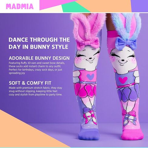 جوارب MADMIA Ballerina Bunny بطول الركبة - جوارب ملونة للأطفال والكبار، هدية يوم جورب ممتعة ومجنونة in Kuwait