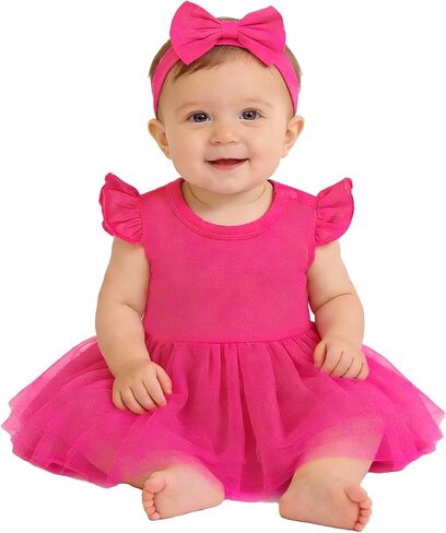 Magic Park Infant Tulle Dress Baby Girl Ruffle Sleeve Romper Dress with Headband Holidays Clothes (White, 12 Months) in Kuwait