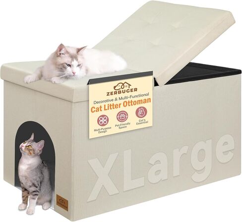 أثاث صندوق فضلات القطط، أثاث صندوق فضلات مخفي، غطاء قابل للطي كبير جدًا، خزانة تخزين مقعد حمام القطط، مقاومة للكلاب، سهلة التجميع (رمادي، كبير) in Kuwait